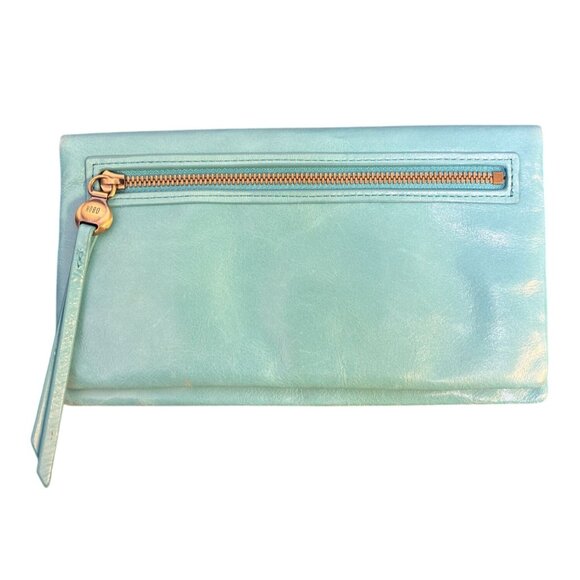 Hobo Leather Large Aqua Blue Wristlet Clutch Wallet Metallic Zipper - Picture 1 of 11